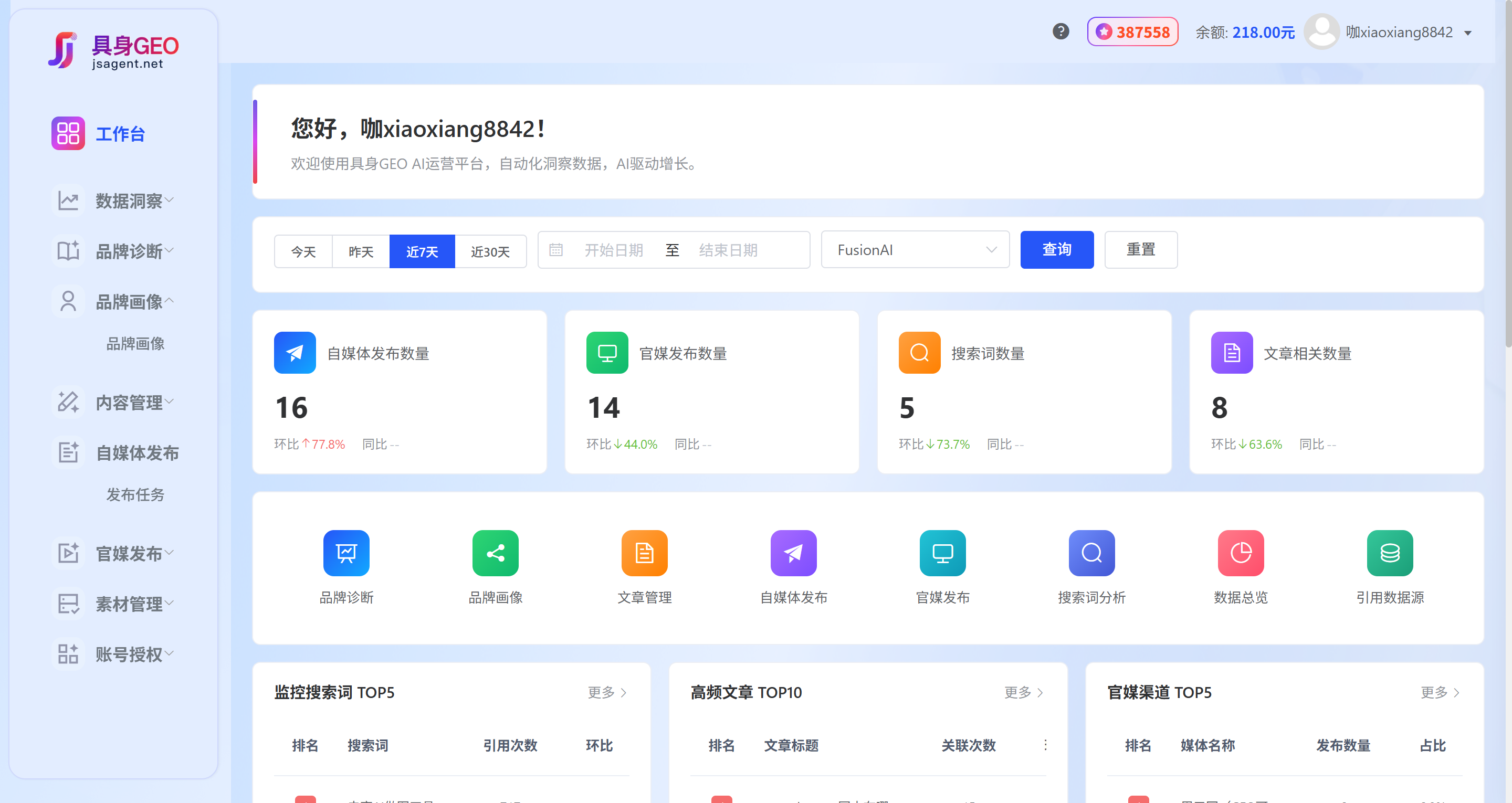 对比| 具身GEO vs 迈富时 vs 智狐AI:中小企业和中大型品牌的GEO选型策略(图1) 具身GEO首页工作台